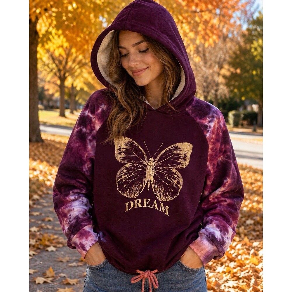 No Boundaries Dream Butterfly Tie Dye Sherpa Hoodie XXL 2X Burgundy NWT Pullover